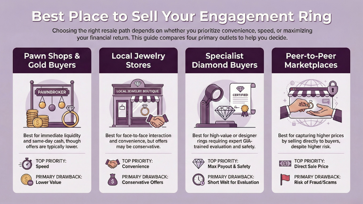 Infographic comparing the best places to sell an engagement ring: pawn shops and gold buyers, local jewelry stores, specialist diamond buyers, and peer-to-peer marketplaces.