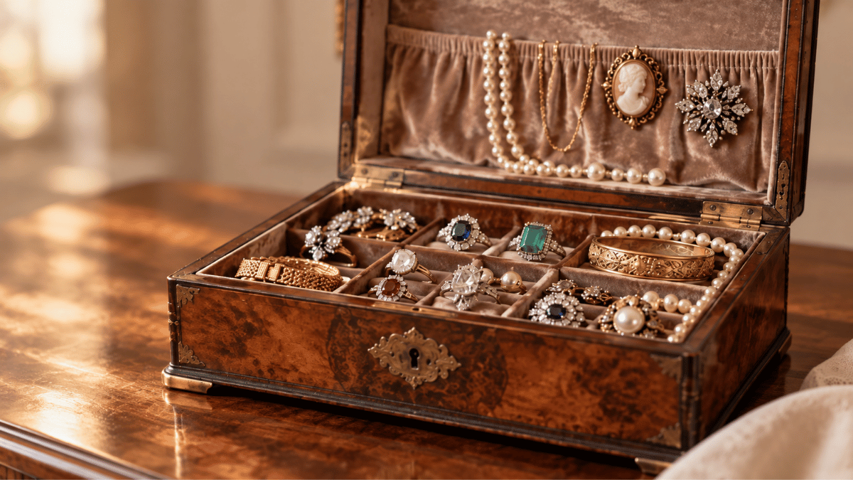 Antique jewelry box filled with inherited fine jewelry, diamonds, gemstones, and luxury pieces